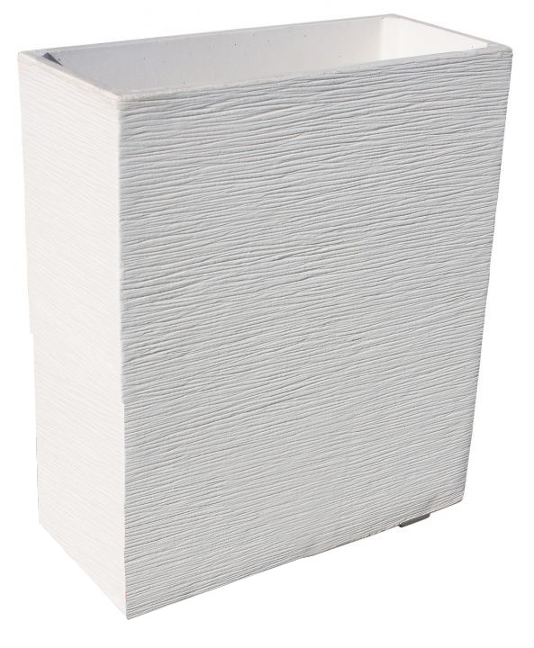 060601579 Jardinera rectangular alta modelo Tulip con diseño de líneas suaves y acabado en piedra natural. Color blanco.