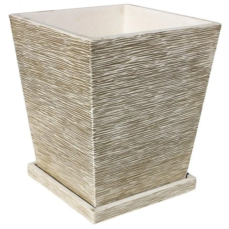 060602189.jpg Maceta Smart de forma cónica cuadrada en color verde con textura de líneas horizontales y plato protector.