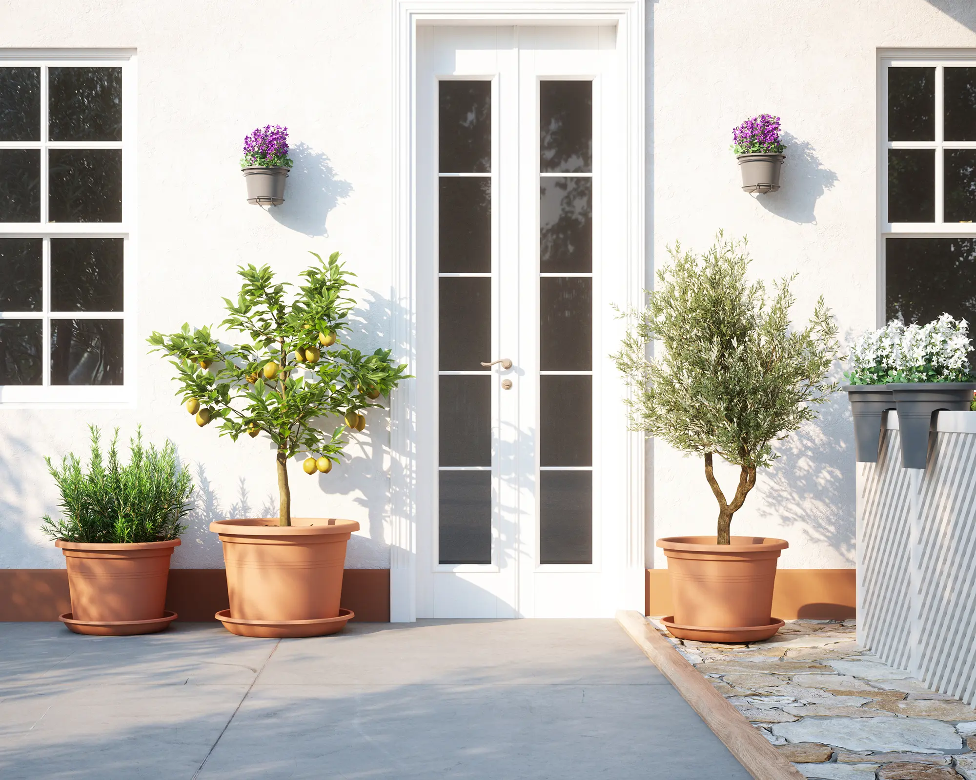 06070000546_2 Conjunto de macetas y jardineras Venezia color terracota decorando una terraza exterior soleada con plantas ornamentales.
