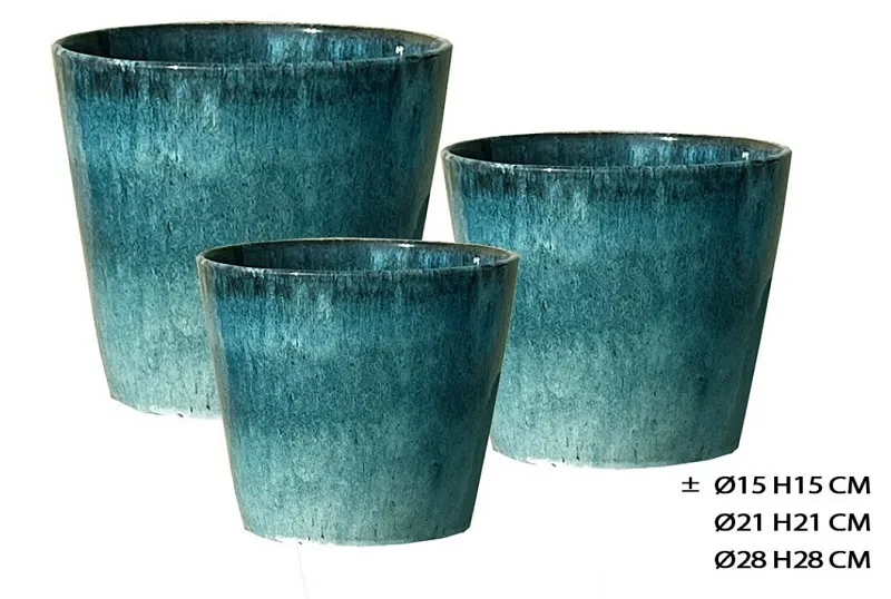 06100000059-1.jpg Macetas cónicas de cerámica esmaltada en color verde turquesa jaspeado de diferentes tamaños sobre fondo blanco.