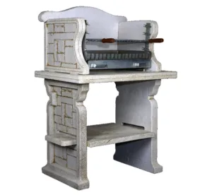 Barbacoa Aledo de piedra artificial en acabado Ceniza. Diseño compacto con chimenea y mesa de trabajo superior, y estante inferior.