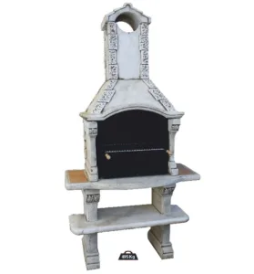 Barbacoa Atenas de hormigón armado en color Ceniza. Diseño clásico con chimenea de arco, parrilla interior y estante inferior.