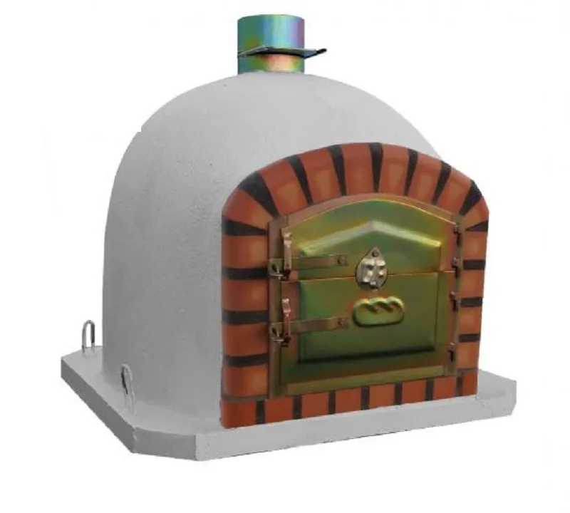 07020000007-126.jpg Horno de leña Wood 80CM artesanal, exterior blanco, con arco de ladrillo y puerta metálica dorada cincada y chimenea superior.