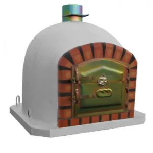 Horno de leña Wood 70CM artesanal, exterior blanco, con arco de ladrillo y puerta metálica dorada cincada y chimenea superior.