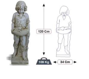 Figura Piedra Artificial Pedro (120 cm). Estatua de niño con overol sosteniendo una cesta con cachorros. Color Ocre (109 Kg).