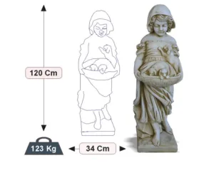 Figura Piedra Artificial Heidi (120 cm). Estatua de niña con sombrero, sosteniendo una cesta de cachorros. Hormigón color Ocre (123 Kg).