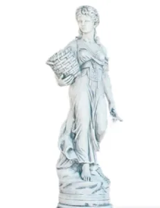 Figura Piedra Artificial Cordobesa de 140 cm. Estatua de mujer en hormigón armado Ceniza (142 Kg) con cestos y racimos de uvas.