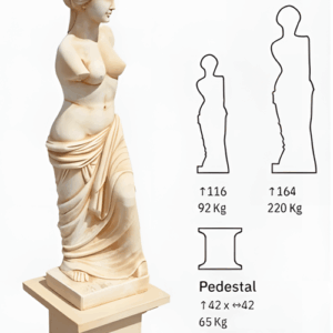 Diagrama de silueta de la Figura Gretta, comparación de tamaños 116 cm (92 Kg) y 164 cm (220 Kg). Muestra Pedestal opcional.