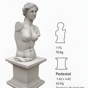 Diagrama de silueta de la Figura Garbo (75 cm, 70 Kg) y Pedestal opcional (42x42 cm, 65 Kg).