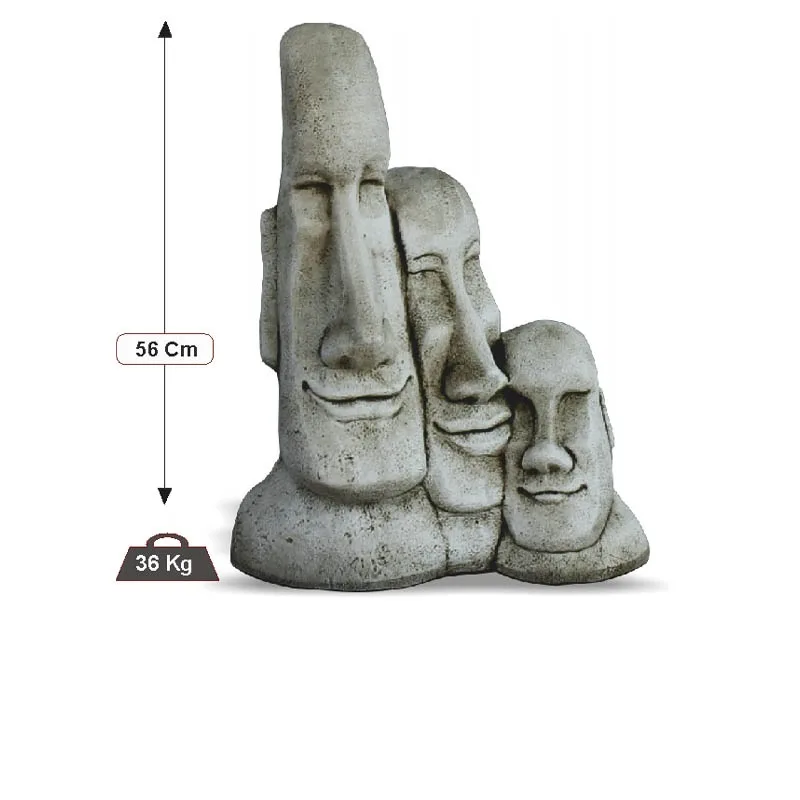 09020100017-1.jpg Estatua Cabeza de Pascua Moai Triple (56 cm). Figura Oriental de Hormigón, acabado Ceniza (36 Kg).