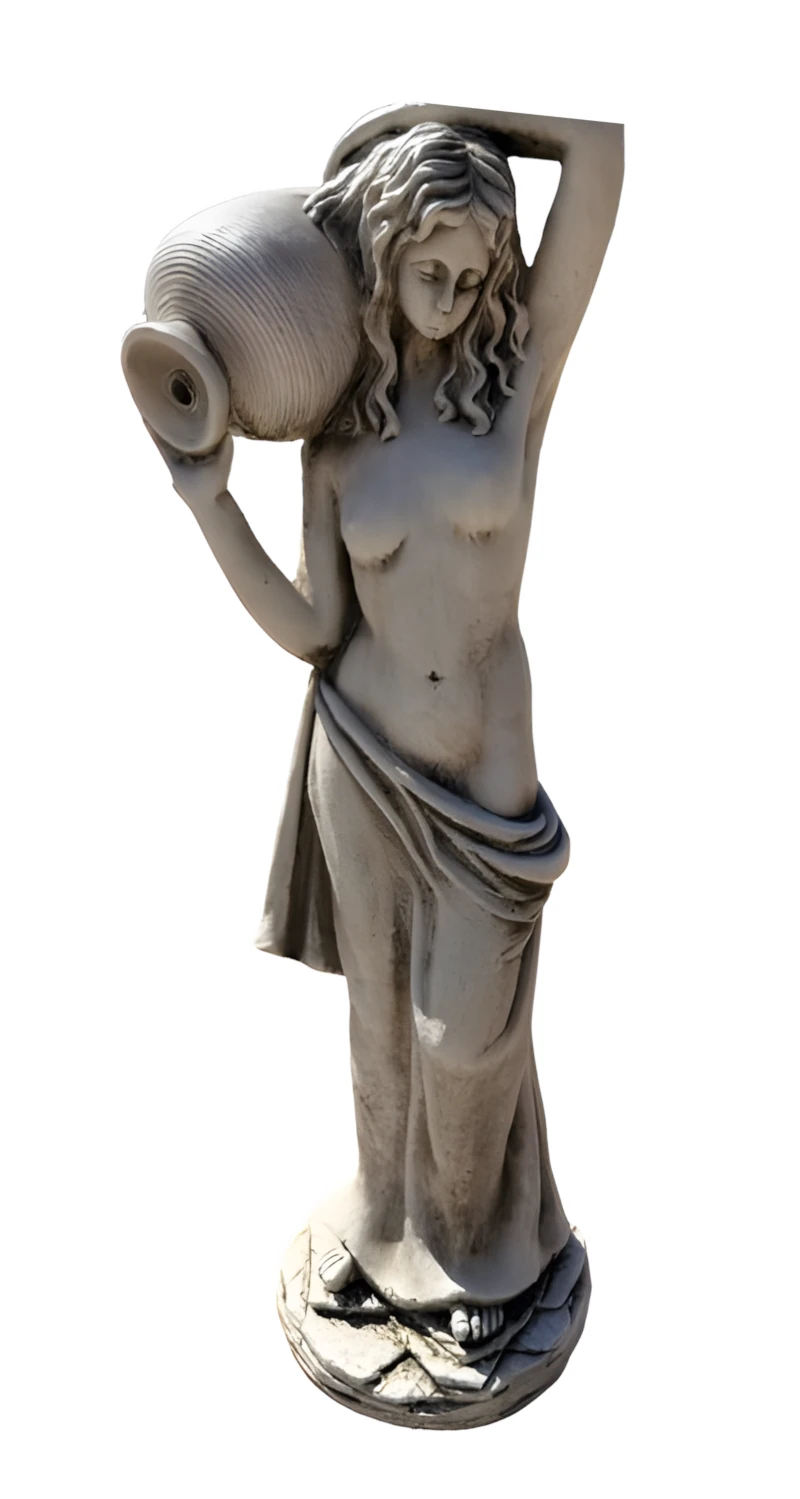 09020100127 Escultura clásica Mujer con Jarrones fabricada en piedra artificial de color claro sobre fondo blanco.