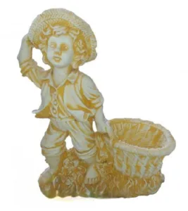 Figura Piedra Artificial Niño con Cesto (65 cm). Estatua de niño con sombrero de paja y cesto jardinera. Color Ocre (35 Kg).