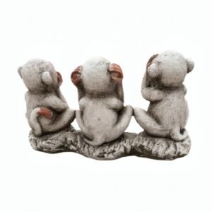 Parte trasera de Figura de tres monos en piedra artificial con cartel de bienvenida para decoración de entradas de viviendas y jardines.