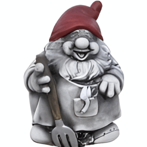 Figura de Duende Sicco (18 cm), escultura de piedra artificial, con rastrillo, gorro rojo, acabado Gris/Rojo.