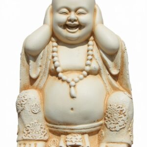 Figura Piedra Artificial Buda Noyé (22 cm). Estatua oriental gordita tapándose las orejas. Coleccionable color Ocre (4 Kg).