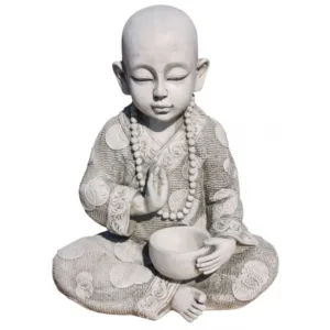 Figura Piedra Artificial Oriental Tyco (37 cm). Estatua de monje budista sentado en meditación con cuenco de ofrenda. Color Musgo (13 Kg).