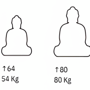 Diagrama de medidas Figura Buda Shikhi. Muestra dos tamaños: 64 cm/54 Kg y 80 cm/80 Kg. Esquema de dimensiones y peso.