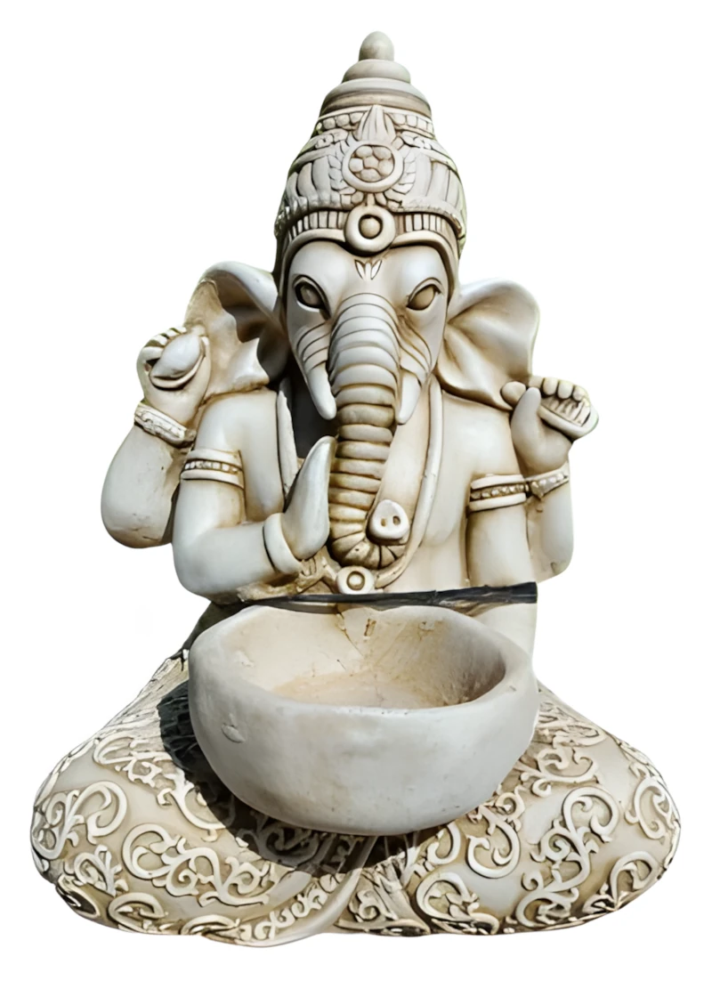09030100254 Escultura oriental de Ganesha sentado en piedra artificial sosteniendo un cuenco frontal visto de frente.