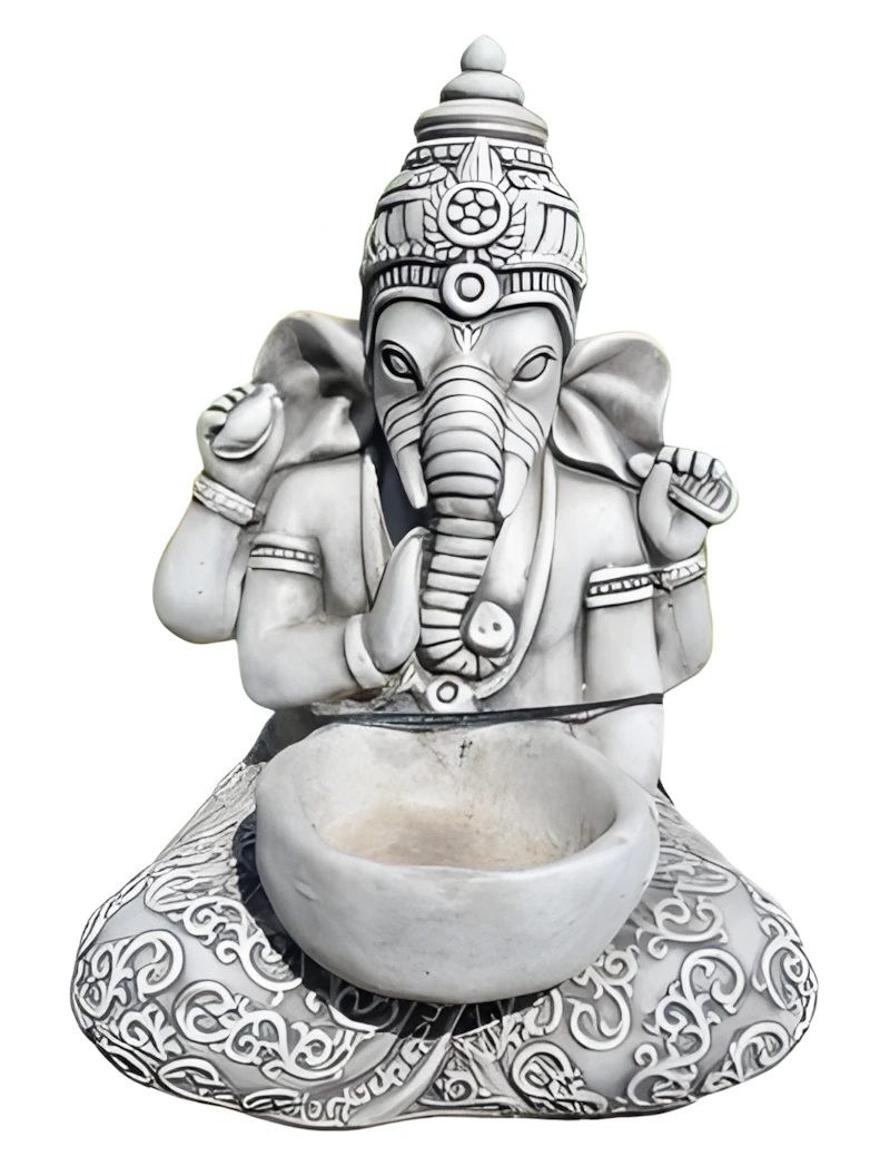 09030100254_2 Escultura oriental de Ganesha sentado en piedra artificial sosteniendo un cuenco frontal visto de frente.