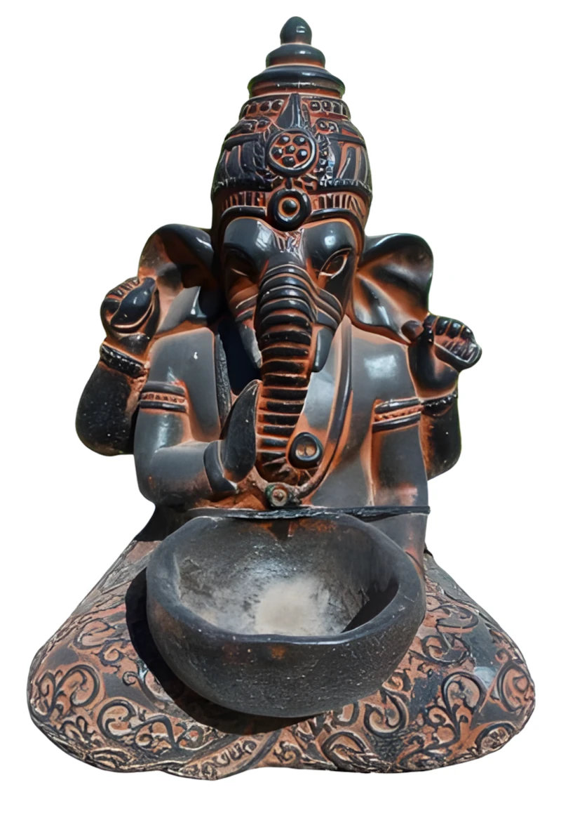 09030100254_4 Escultura oriental de Ganesha sentado en piedra artificial sosteniendo un cuenco frontal visto de frente.