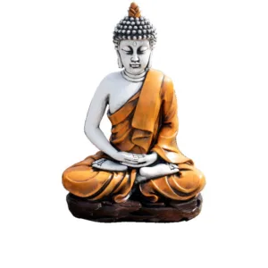 Estatua Buda Sereno (73 cm) Meditación. Figura Oriental Hormigón, acabados Blanco y Naranja (55 Kg).