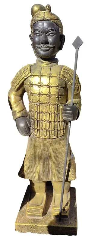 09030200118.jpg Estatua Guerrero Chino (82 cm) con Lanza. Figura Oriental Hormigón, acabado Dorado (34 Kg).