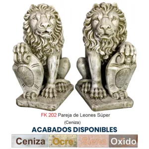 Pareja Leones Súper (85 cm). Esculturas de hormigón armado color Ceniza. Incluye paleta de acabados: Ceniza, Ocre, Siena, Óxido. (144 Kg/Ud).