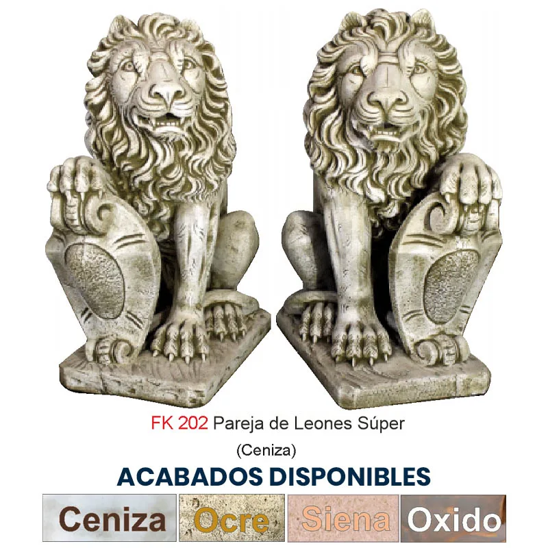 09040100148-2.jpg Pareja Leones Súper (85 cm). Esculturas de hormigón armado color Ceniza. Incluye paleta de acabados: Ceniza, Ocre, Siena, Óxido. (144 Kg/Ud).
