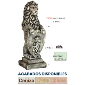 Figura Piedra Artificial León Medieval (77 cm). Estatua pintada a mano color Ceniza (57 Kg), con escudo de armas y pose rampante.