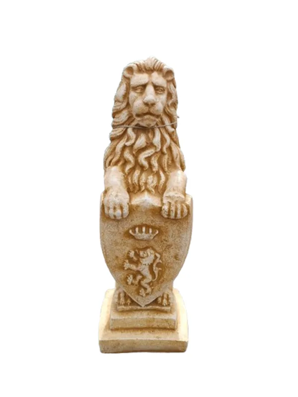 09040100151 Figura Piedra Artificial León Medieval (77 cm). Estatua pintada a mano color Ocre (57 Kg), con escudo de armas y pose rampante.