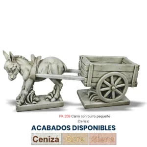 Figura Piedra Artificial Burro con Carro Pequeño (105 cm). Jardinera funcional de Hormigón Armado Ceniza (75 Kg) con acabado rústico.
