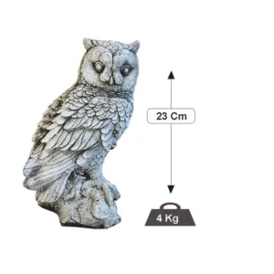 Figura Piedra Artificial Lechuza (23 cm). Estatua de ave en Hormigón color Ceniza (4 Kg), con plumas detalladas y ojos grandes.
