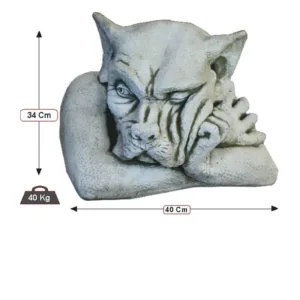 Figura Piedra Artificial Gárgola Pensativa (34 cm). Estatua de Fantasía Gótica en Hormigón color Ceniza (40 Kg), con mano en rostro y pose de introspección.