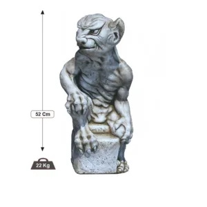 Figura Piedra Artificial Gárgola Furiosa (52 cm). Estatua de Fantasía Gótica en Hormigón color Ceniza (22 Kg), apoyada en pedestal, expresión furiosa.