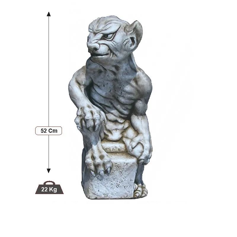 09040100175-1.jpg Figura Piedra Artificial Gárgola Furiosa (52 cm). Estatua de Fantasía Gótica en Hormigón color Ceniza (22 Kg), apoyada en pedestal, expresión furiosa.