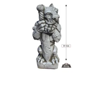 Figura Piedra Artificial Gárgola (51 cm). Estatua grotesca con orejas puntiagudas, sosteniendo una espada. Color Ceniza (25 Kg).