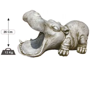 Figura Piedra Artificial Hipopótamo (26 cm). Estatua exótica de Hormigón color Ceniza (13 Kg), con boca abierta y piel realista.