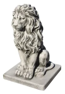 Figura Piedra Artificial León Leo (55 cm). Estatua pintada a mano color Musgo (45 Kg), con melena detallada, sentado sobre base cuadrada.