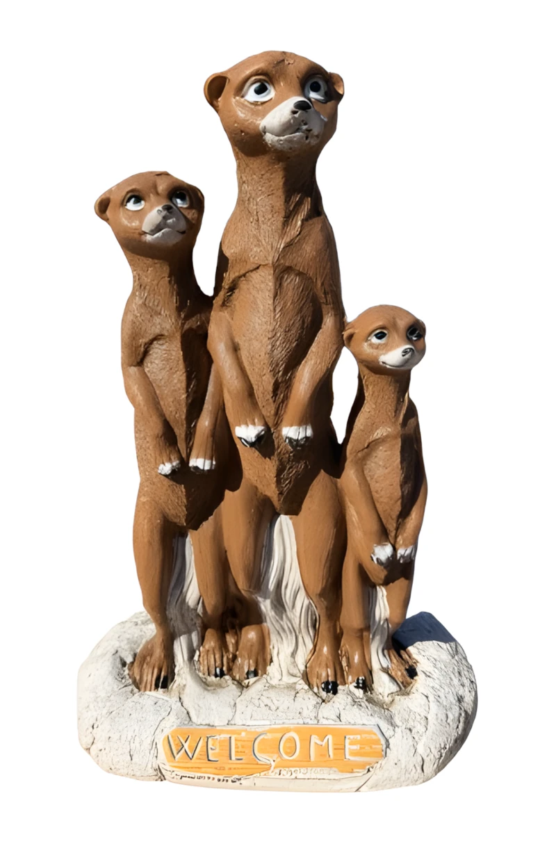 09040100312 Figura decorativa de tres suricatos de pie con cartel de Welcome, fabricada en piedra artificial con acabado de color sobre fondo blanco.