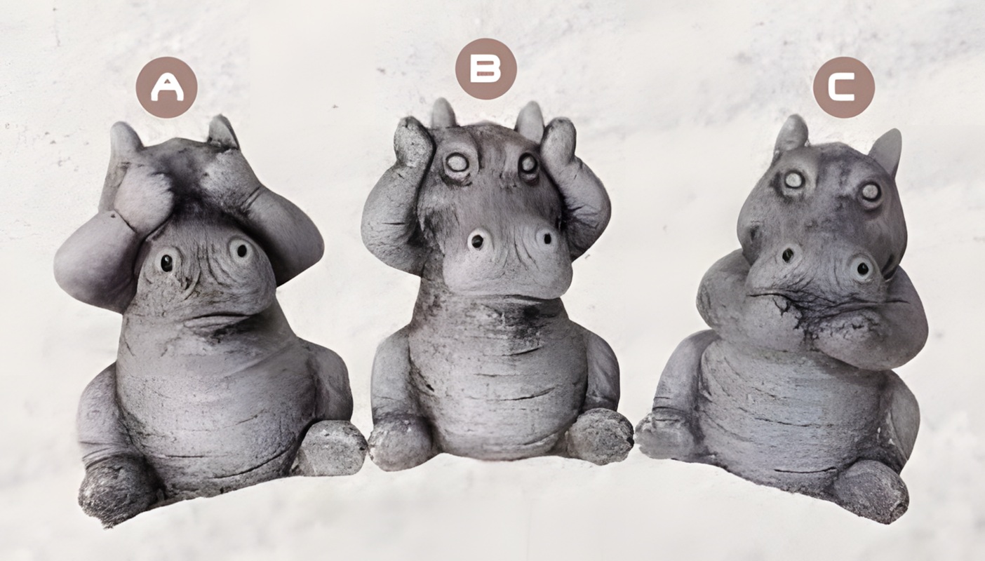 09040100384 Colección de tres figuras de hipopótamos de piedra artificial ordenadas de izquierda a derecha en actitud de ver, oír y callar para decoración.