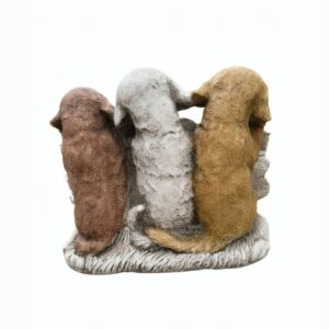 Parte trasera de Figura de tres perros en piedra artificial con cartel de "Bienvenido" para decoración de entradas de viviendas y jardines.