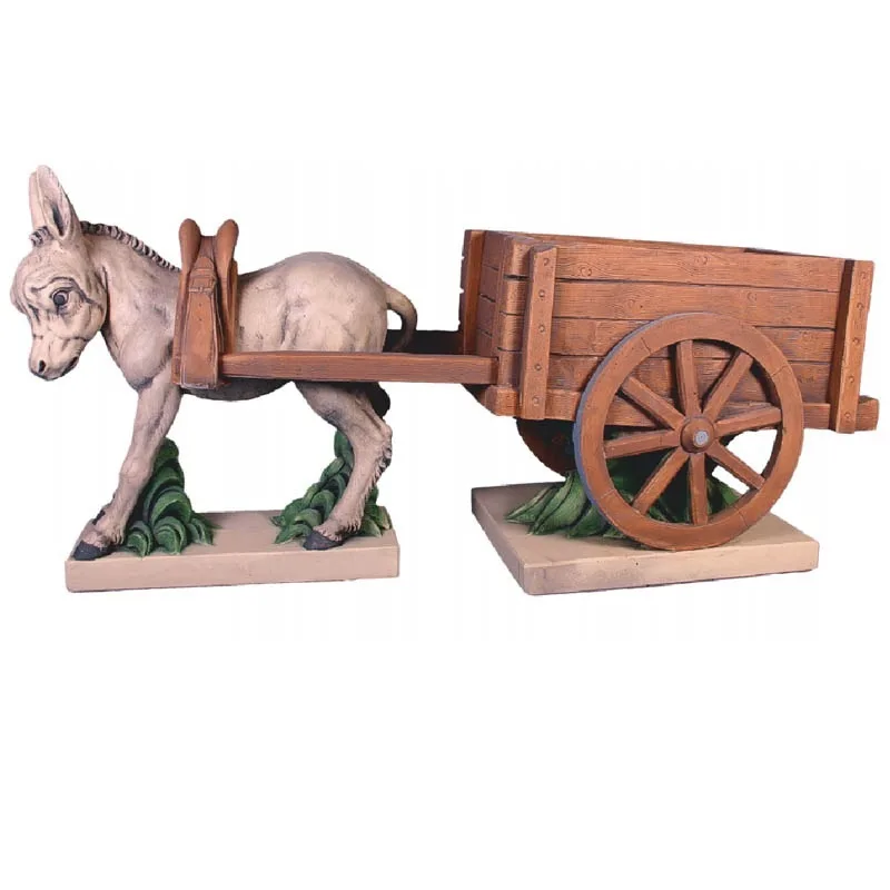 09040200001.jpg Figura Burro con Carro Grande (170 cm). Jardinera funcional de Hormigón Armado (293 Kg) en color: Burro beige, carro marrón madera, base tierra.