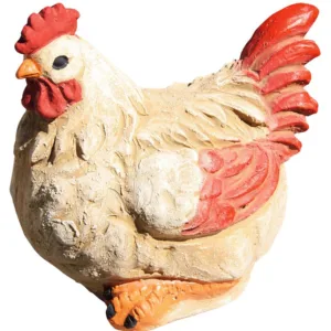 Figura de gallina Amanda, escultura de piedra artificial pintada a mano, en color crema y rojo.