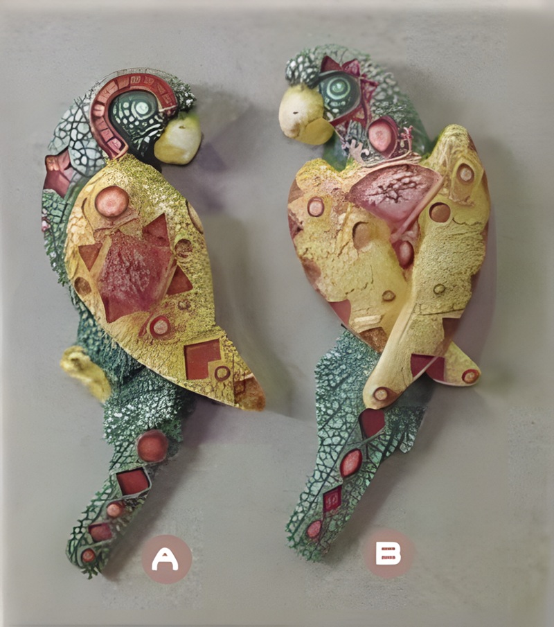 09040200122 Dos figuras decorativas de loros de piedra artificial para colgar en la pared pintadas a mano con vivos colores.