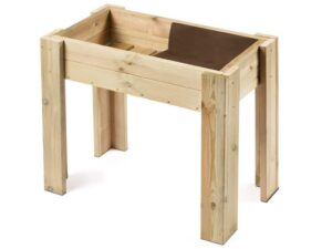 Huerto urbano elevado de madera de pino nórdico. Mesa de cultivo con tratamiento autoclave y malla geotextil marrón, lista para montaje en terraza o balcón.