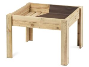 Huerto urbano elevado de madera de pino nórdico. Mesa de cultivo Serie 105 con tratamiento autoclave y malla geotextil marrón, lista para cultivar en terraza o balcón.