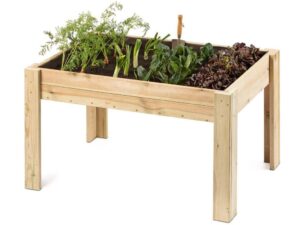 Huerto urbano elevado de madera de pino nórdico. Mesa de cultivo Serie 125 de 170 litros con tratamiento autoclave y malla geotextil, lista para plantar en terraza o balcón.