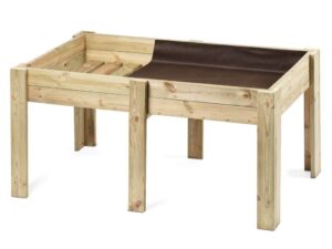 Huerto urbano elevado de madera de pino nórdico. Mesa de cultivo Serie 155 de 210 litros con tratamiento autoclave y malla geotextil, ideal para terraza o balcón.
