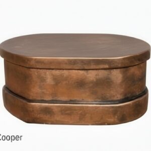 Pedestal Podium de piedra artificial con forma ovalada y acabado en color cobre para soporte de maceteros de gran peso y esculturas.