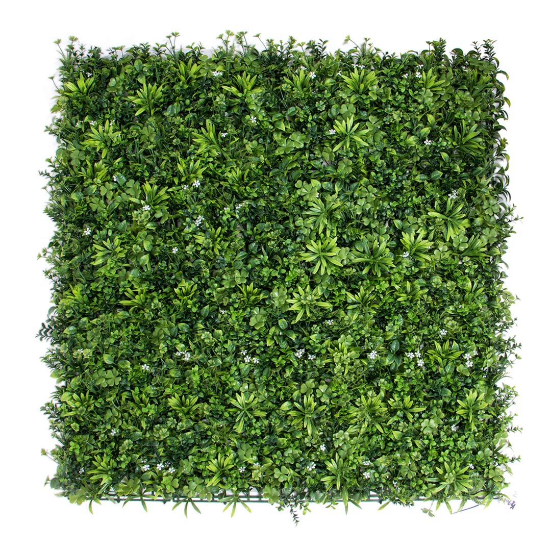 20010000009-108.jpg Loseta de Jardín Vertical Jazmín de 100x100 cm, mostrando una composición densa de follaje artificial en tonos verdes variados, salpicado con múltiples y pequeñas flores blancas que imitan el jazmín.
